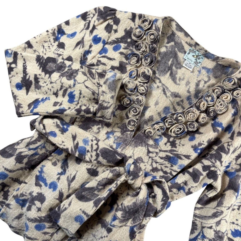 VTG Tabitha Wool Cardigan Floral Sweater Women M Rosette Belted Boho Cottagecore